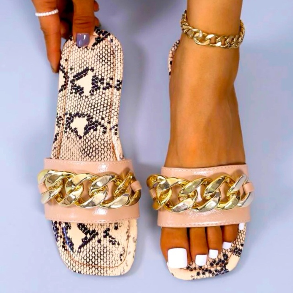 Chain Decor Snakeskin Slide Sandals BRAND NEW!!!